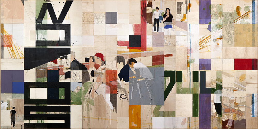 Detlef Waschkau - Interaction, 2014, Pigment auf Holz, 220 x 440 x 1 cm